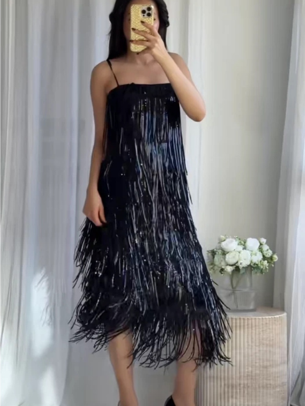 Black Fringe Sequin Slip Dress - Elegant Evening Wear